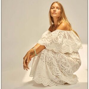 Natalie Martin Naomi Eyelet Tiered Maxi Dress Boho‎ White Salt Ruffle Collar S